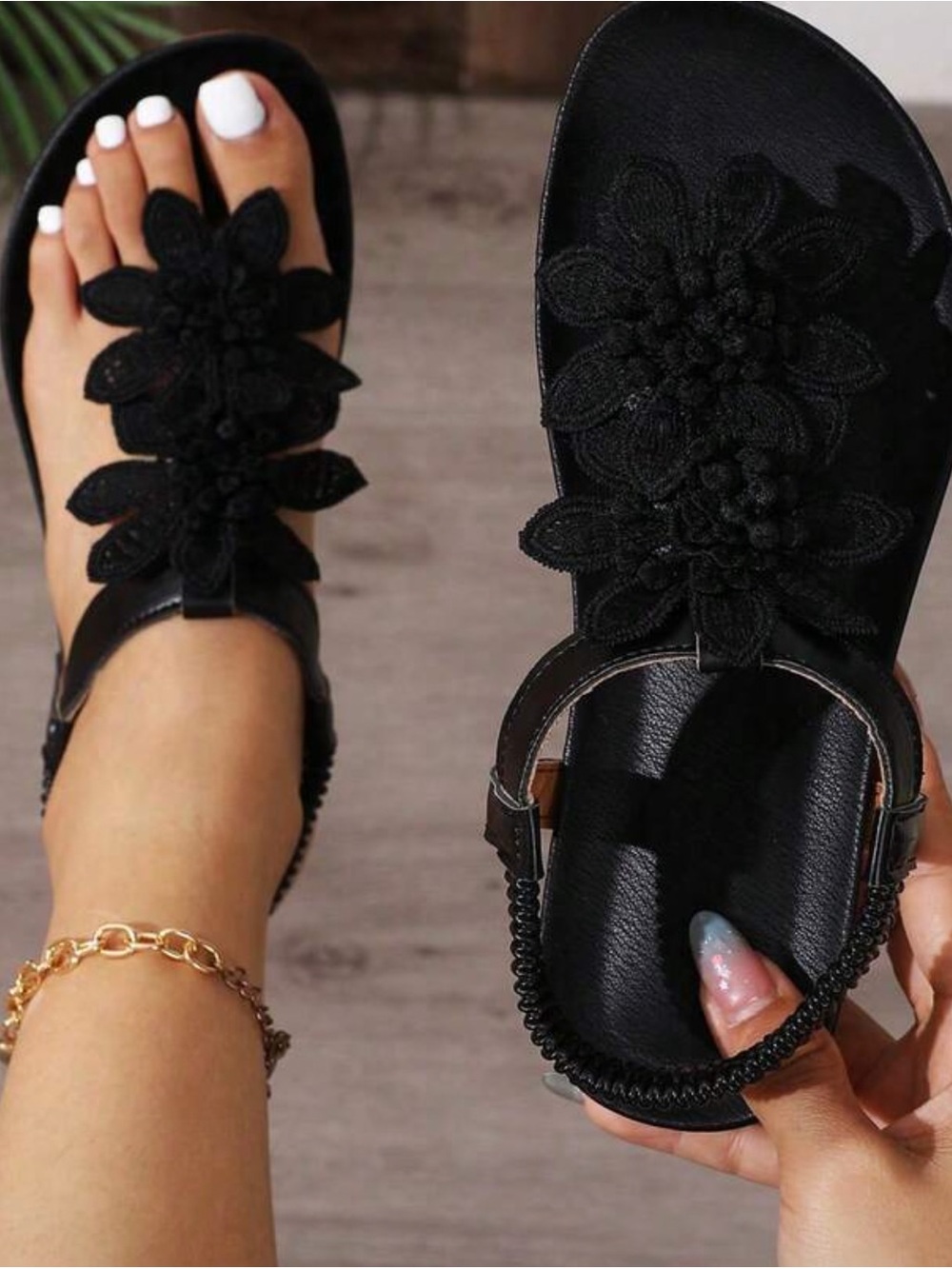Women's Black Floral Embellished Sandals